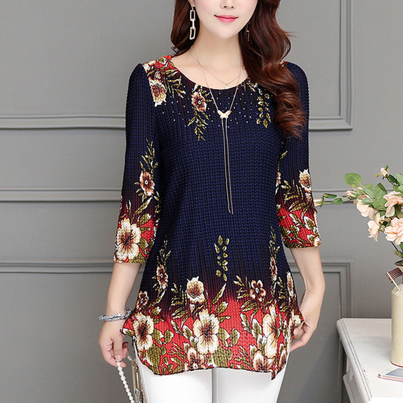 Blouse shirt Casual Blue Red O-neck floral Print