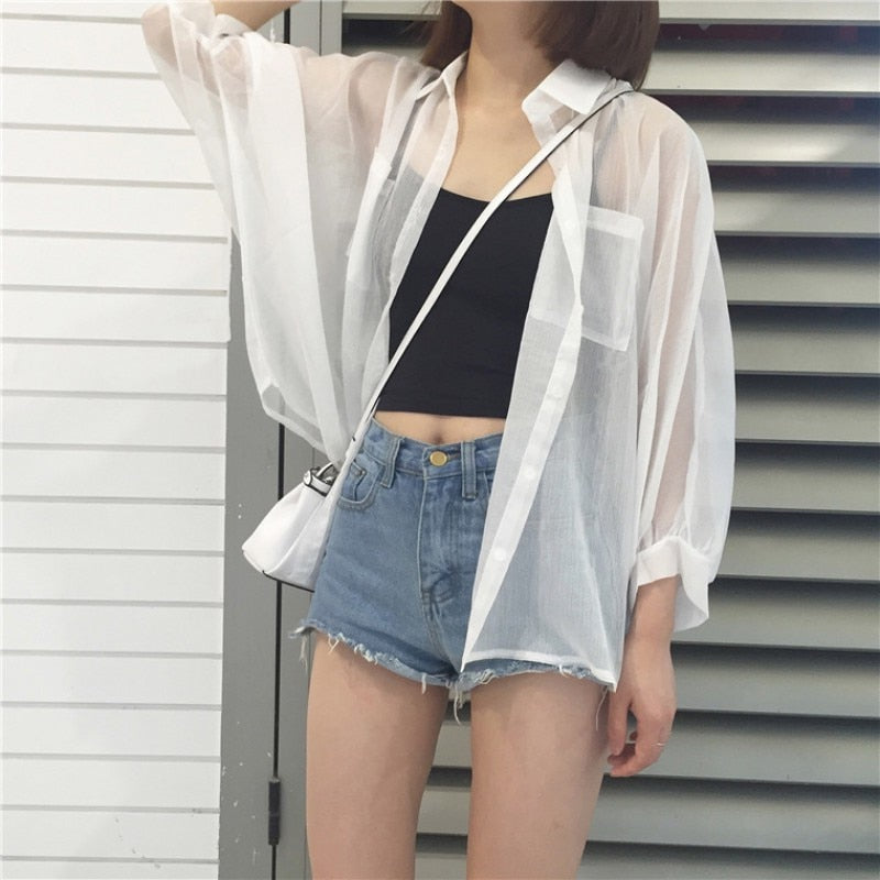 Sunscreen Blouses Tops Transparent Turn-Down Collar Casual