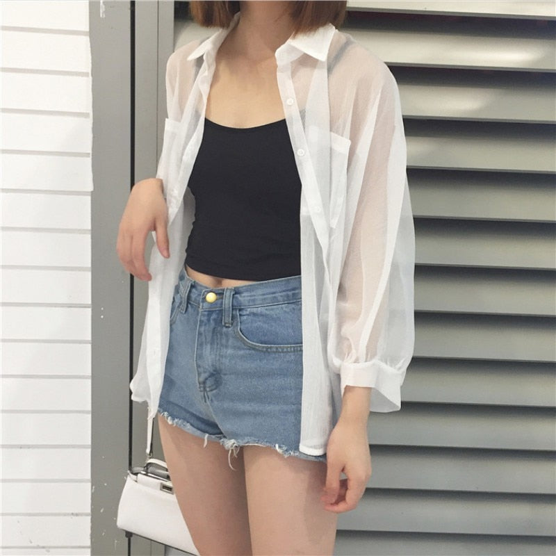 Sunscreen Blouses Tops Transparent Turn-Down Collar Casual