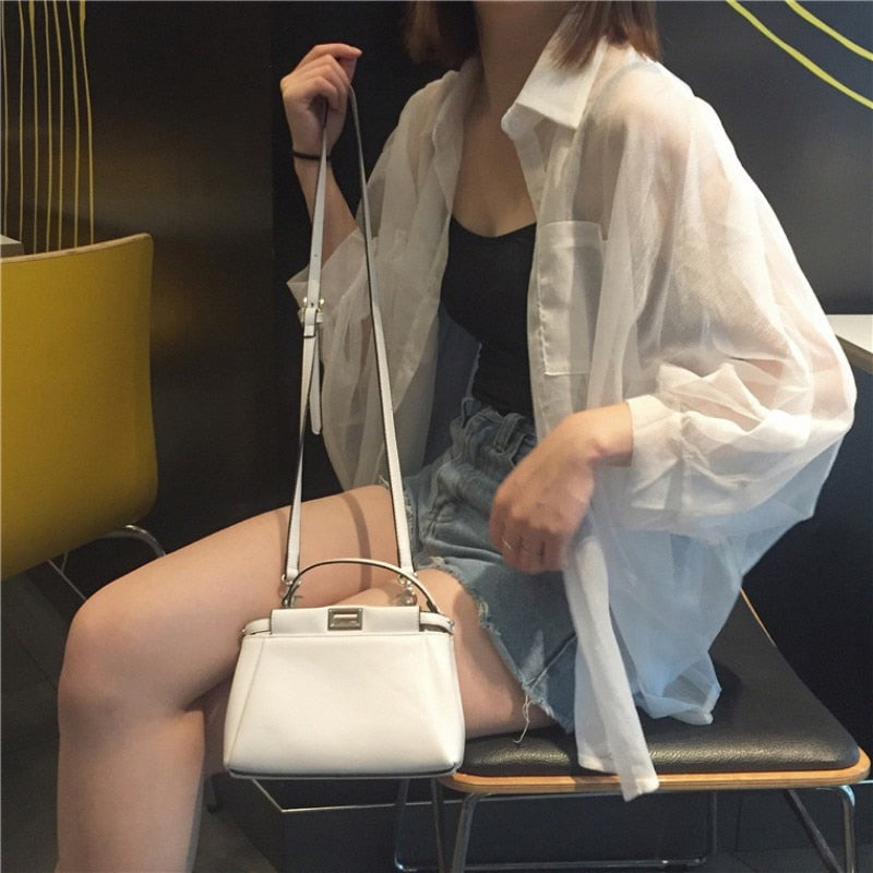 Sunscreen Blouses Tops Transparent Turn-Down Collar Casual