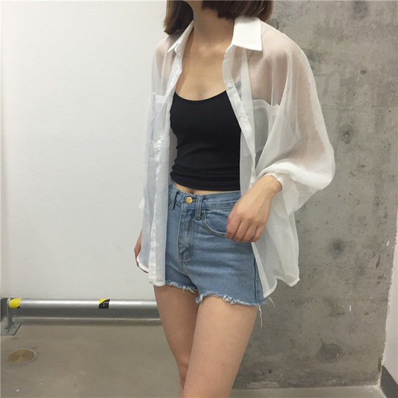 Sunscreen Blouses Tops Transparent Turn-Down Collar Casual