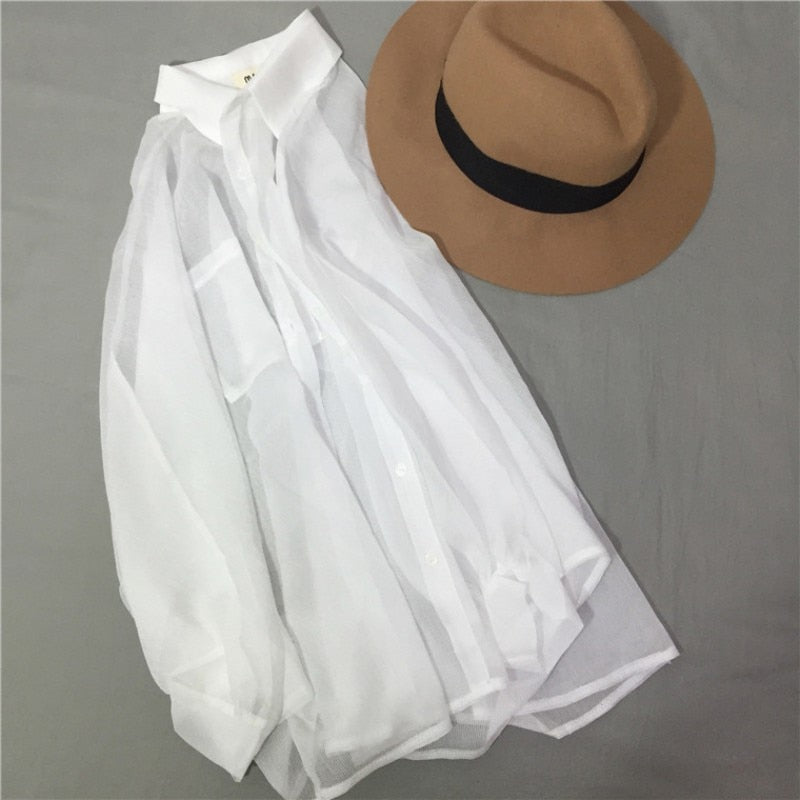 Sunscreen Blouses Tops Transparent Turn-Down Collar Casual