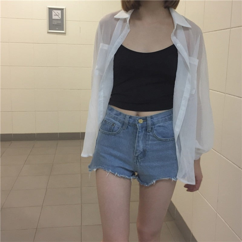Sunscreen Blouses Tops Transparent Turn-Down Collar Casual