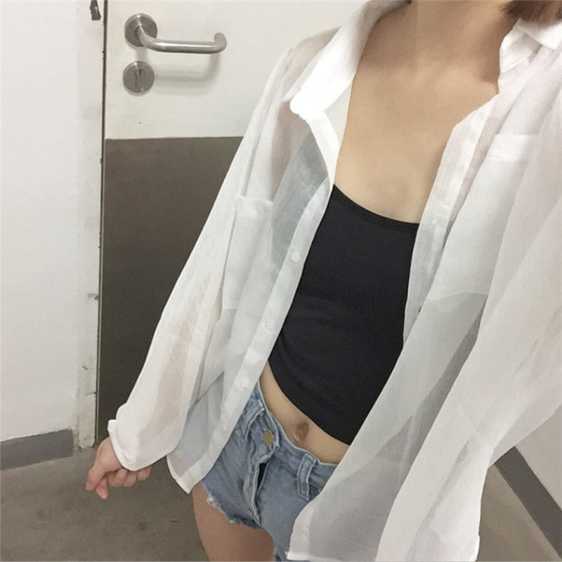 Sunscreen Blouses Tops Transparent Turn-Down Collar Casual