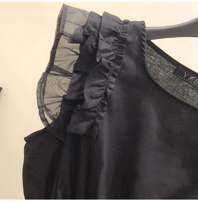 Woherb Korean Cotton Linen Blouse  Sleeveless Pleated Shirt Black