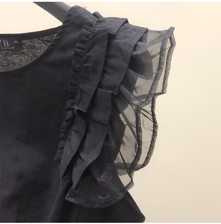 Woherb Korean Cotton Linen Blouse  Sleeveless Pleated Shirt Black