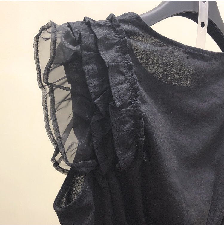 Woherb Korean Cotton Linen Blouse  Sleeveless Pleated Shirt Black