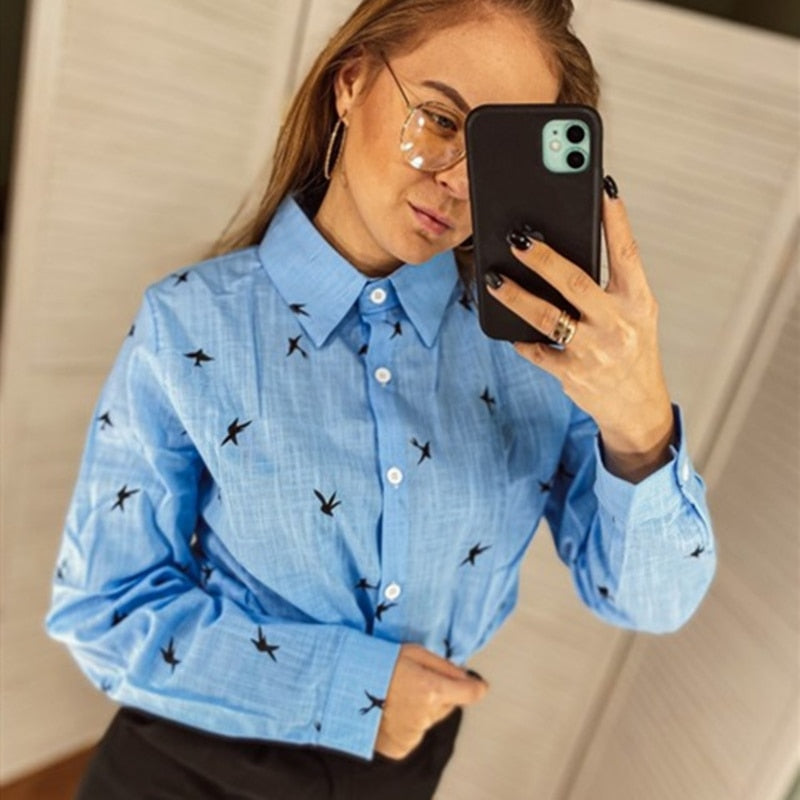 Birds Print Shirts Loose Casual Office Ladies Shirt