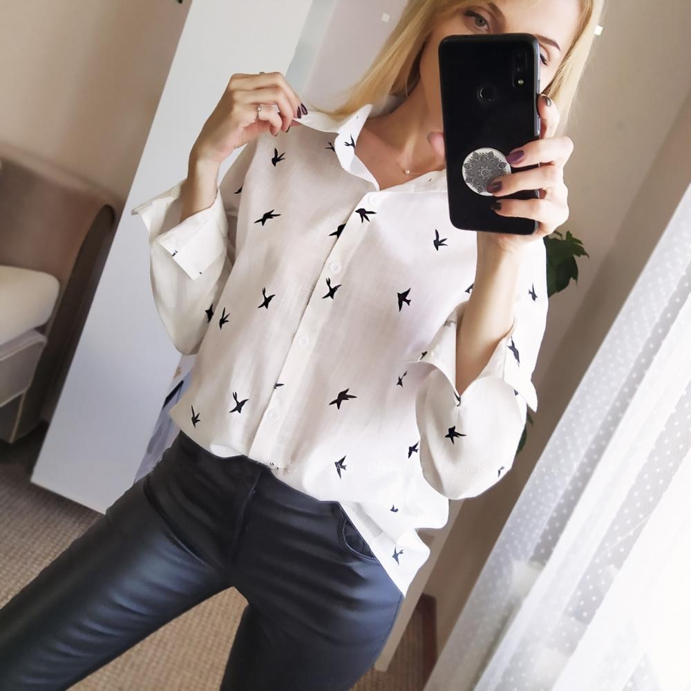 Birds Print Shirts Loose Casual Office Ladies Shirt