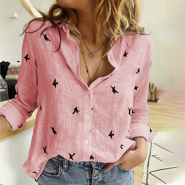 Birds Print Shirts Loose Casual Office Ladies Shirt