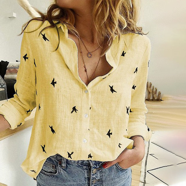 Birds Print Shirts Loose Casual Office Ladies Shirt