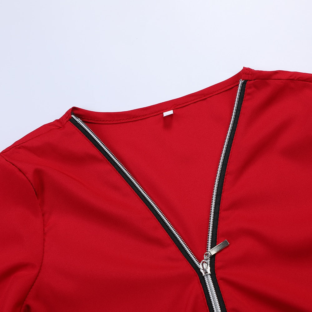LAAMEI Zipper Short Sleeve Sexy V Neck Top