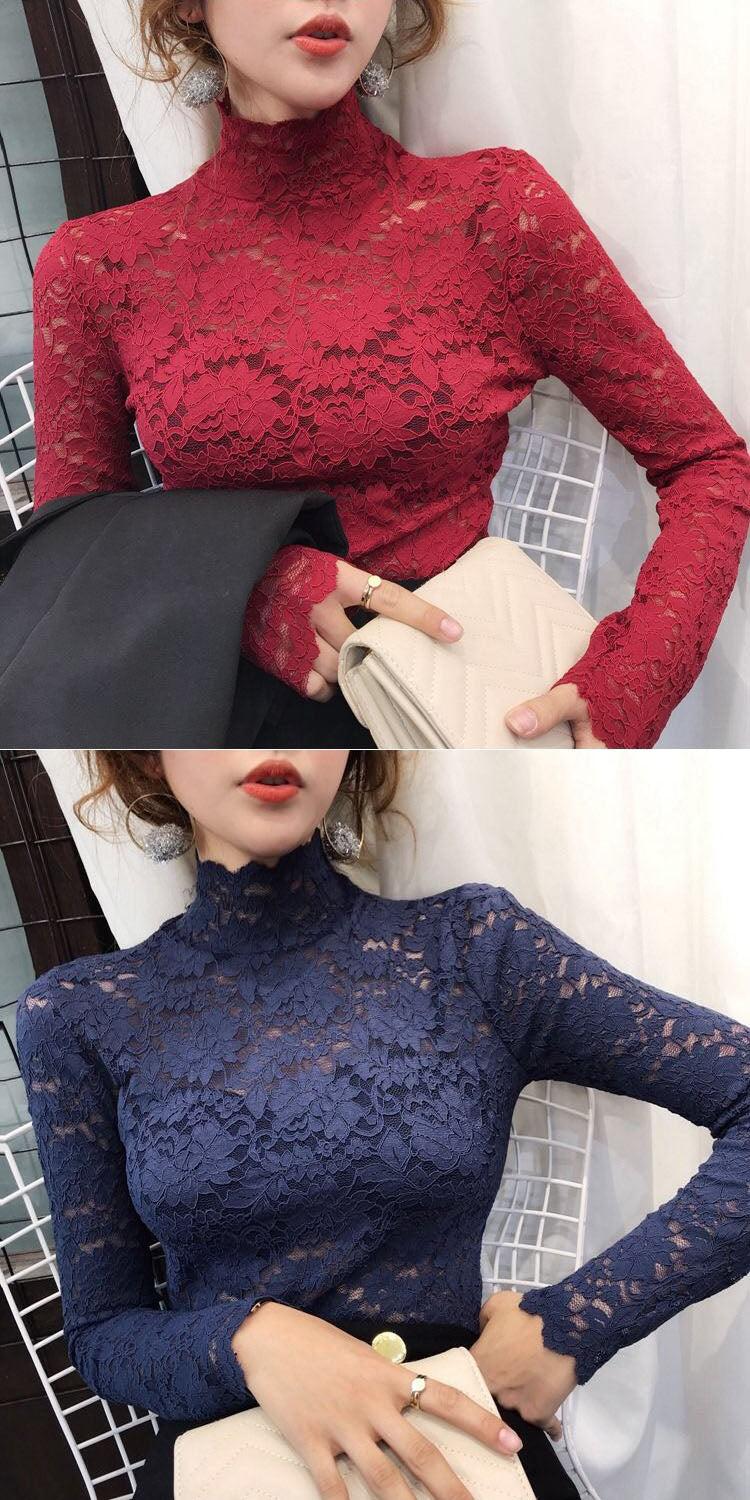 Elegant Floral Embroidery Elastic Blouse sexy Hollow Out Long Sleeve