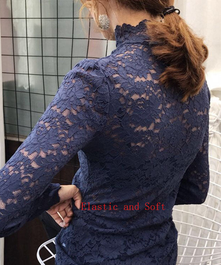 Elegant Floral Embroidery Elastic Blouse sexy Hollow Out Long Sleeve