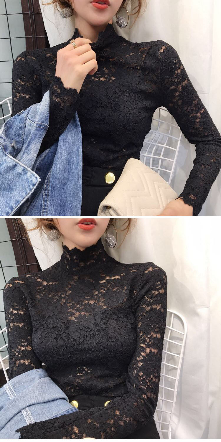 Elegant Floral Embroidery Elastic Blouse sexy Hollow Out Long Sleeve
