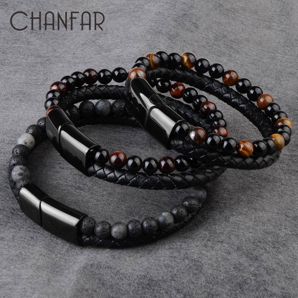Natural Stone Genuine Leather Black Stainless Steel Magnetic Clasp Tiger eye