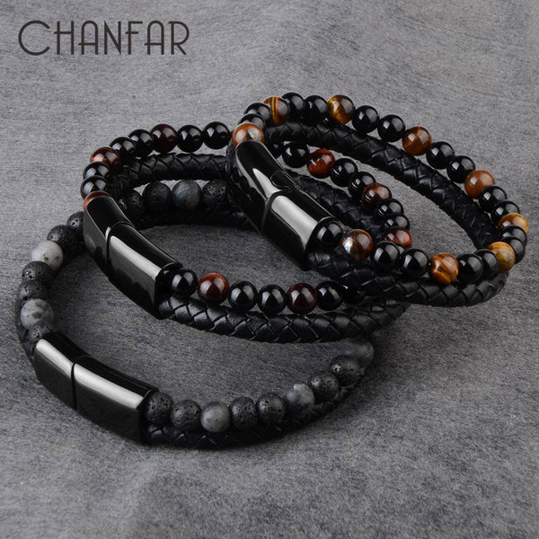 Natural Stone Genuine Leather Black Stainless Steel Magnetic Clasp Tiger eye