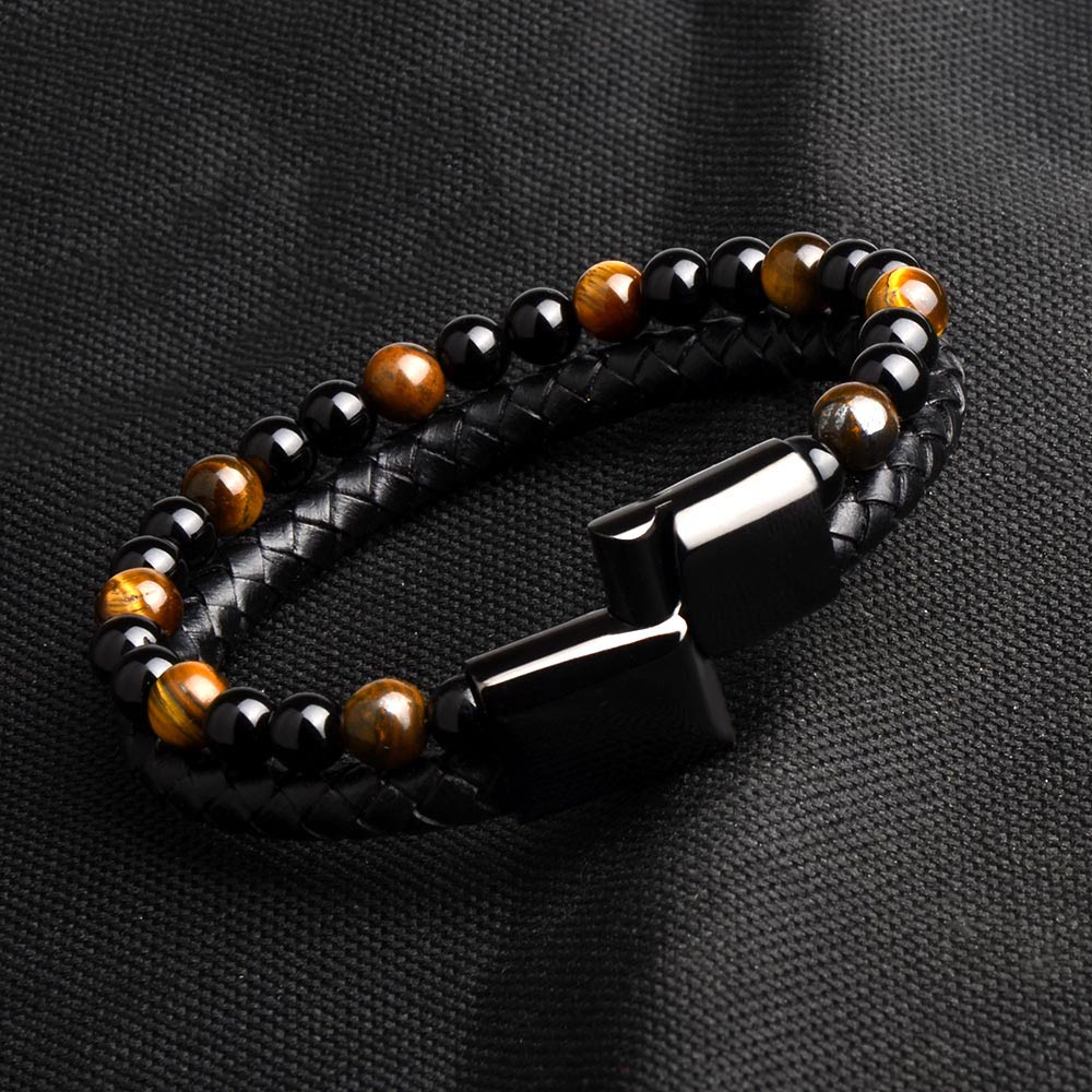 Natural Stone Genuine Leather Black Stainless Steel Magnetic Clasp Tiger eye