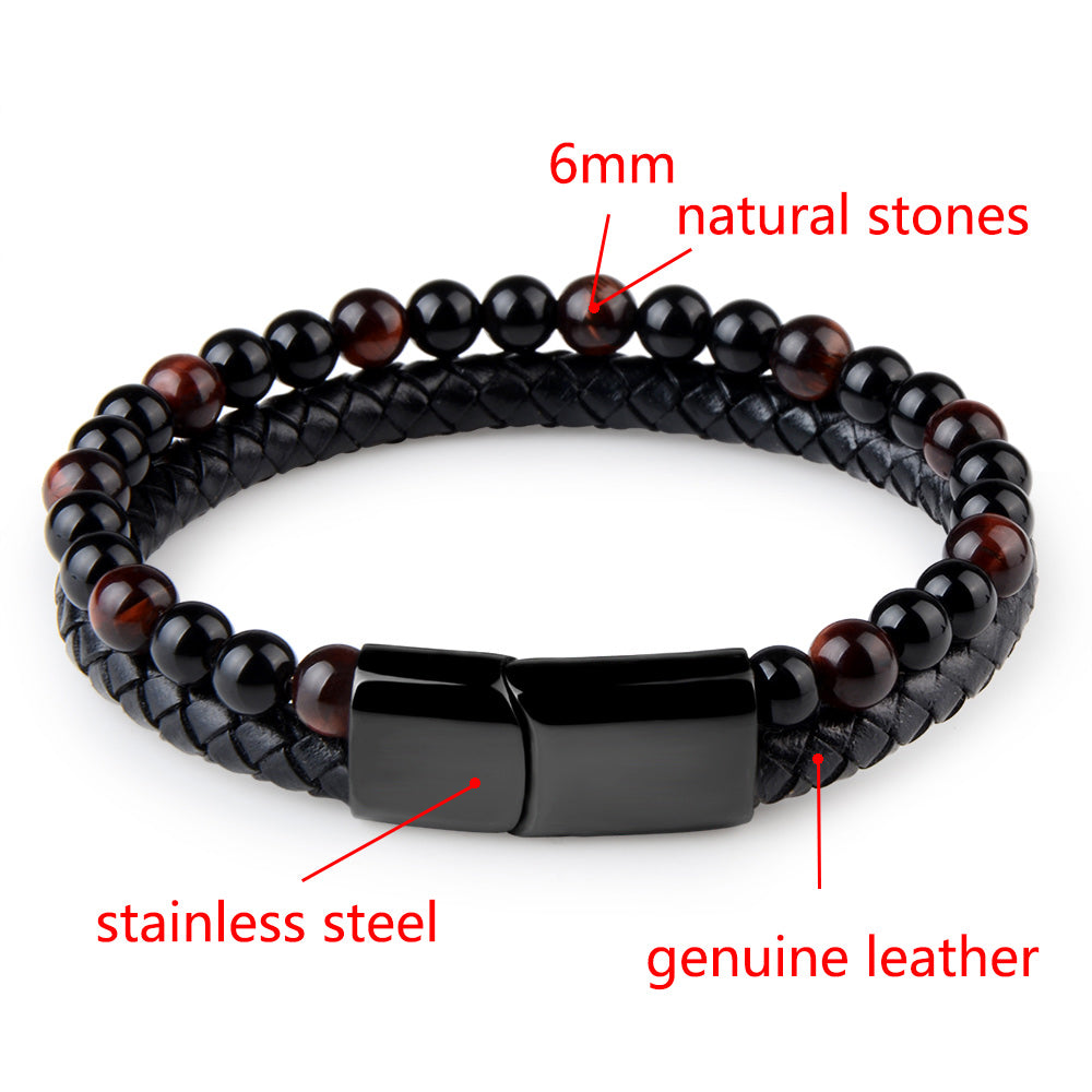 Natural Stone Genuine Leather Black Stainless Steel Magnetic Clasp Tiger eye