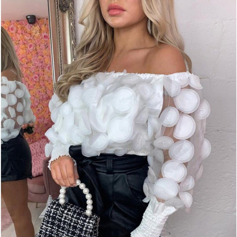 Mesh Sheer Puff Sleeve Tops Summer 3D Flower Vintage White Women Shirt Blouse