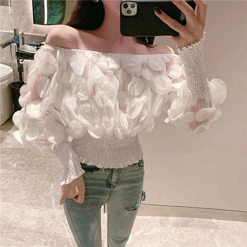 Mesh Sheer Puff Sleeve Tops Summer 3D Flower Vintage White Women Shirt Blouse