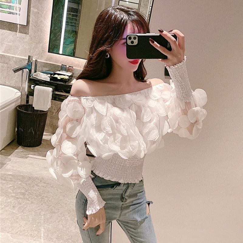 Mesh Sheer Puff Sleeve Tops Summer 3D Flower Vintage White Women Shirt Blouse