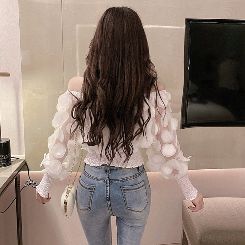 Mesh Sheer Puff Sleeve Tops Summer 3D Flower Vintage White Women Shirt Blouse