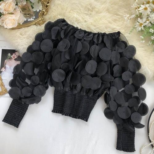 Mesh Sheer Puff Sleeve Tops Summer 3D Flower Vintage White Women Shirt Blouse