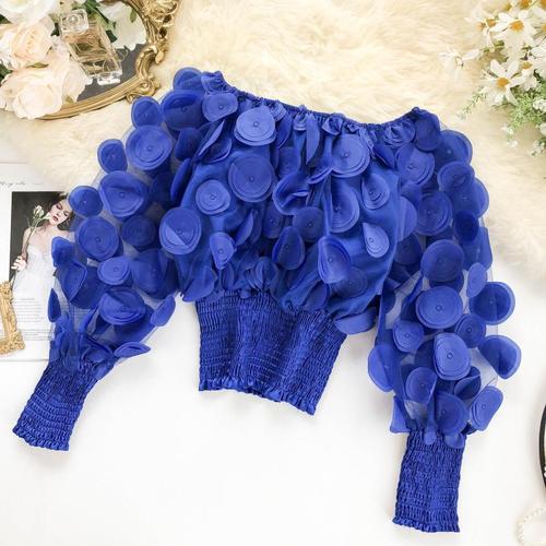 Mesh Sheer Puff Sleeve Tops Summer 3D Flower Vintage White Women Shirt Blouse