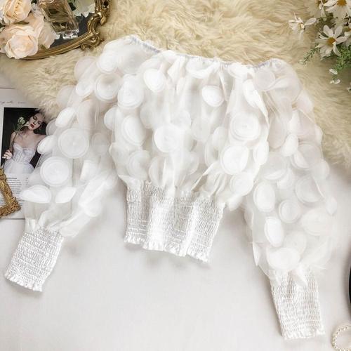 Mesh Sheer Puff Sleeve Tops Summer 3D Flower Vintage White Women Shirt Blouse