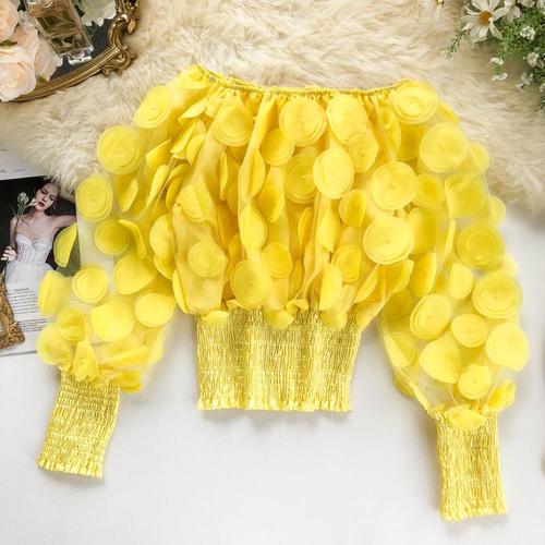 Mesh Sheer Puff Sleeve Tops Summer 3D Flower Vintage White Women Shirt Blouse