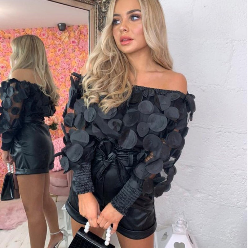 Mesh Sheer Puff Sleeve Tops Summer 3D Flower Vintage White Women Shirt Blouse