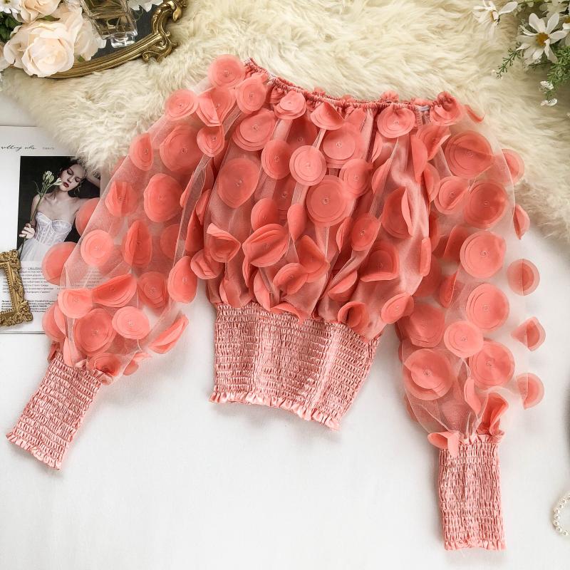 Mesh Sheer Puff Sleeve Tops Summer 3D Flower Vintage White Women Shirt Blouse