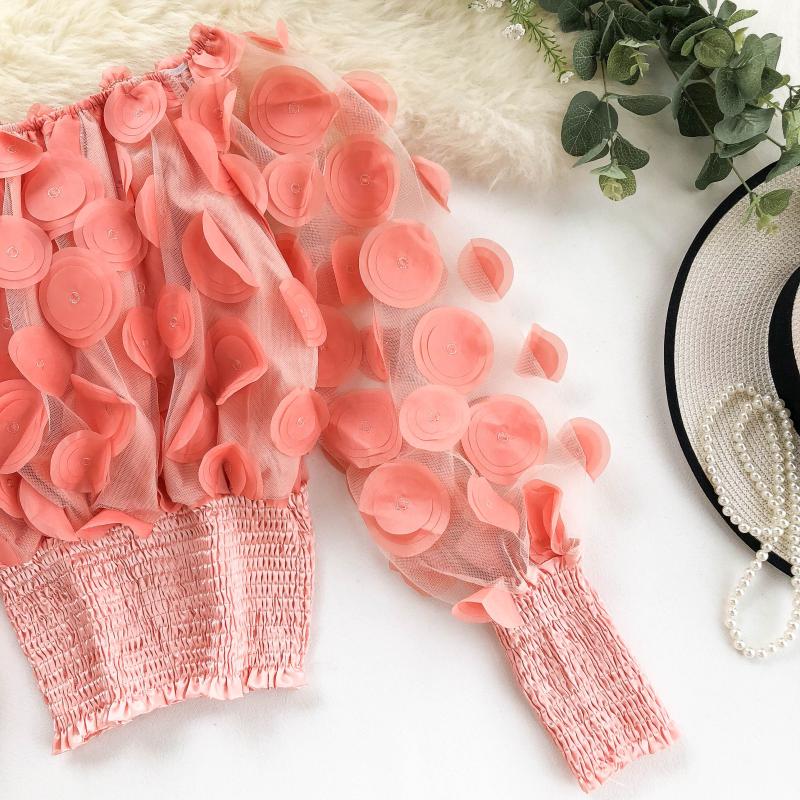 Mesh Sheer Puff Sleeve Tops Summer 3D Flower Vintage White Women Shirt Blouse