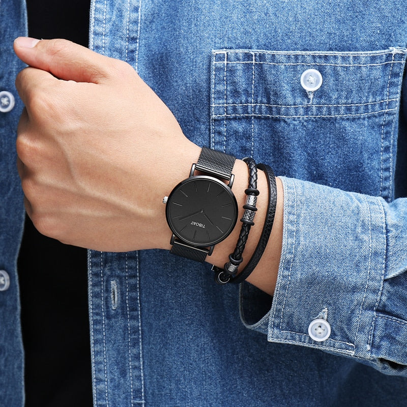 Fashion Gift Business Watches Men's Waterproof Quartz Wristwatch Black Steel Clock