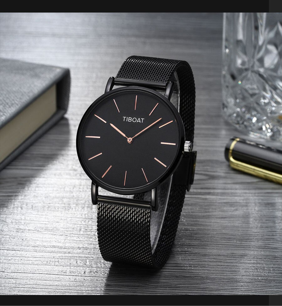 Fashion Gift Business Watches Men's Waterproof Quartz Wristwatch Black Steel Clock