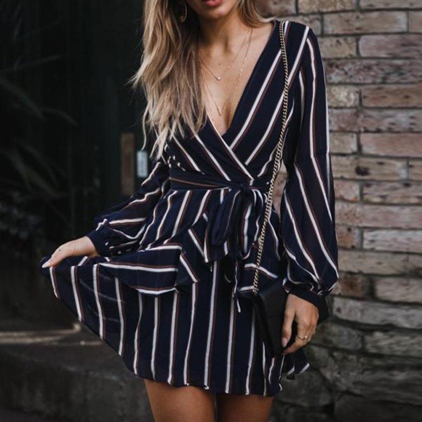 Women's Fashion Lantern Sleeve Casual Striped V-Neck Dress Casual Ruffle Mini Party Dress