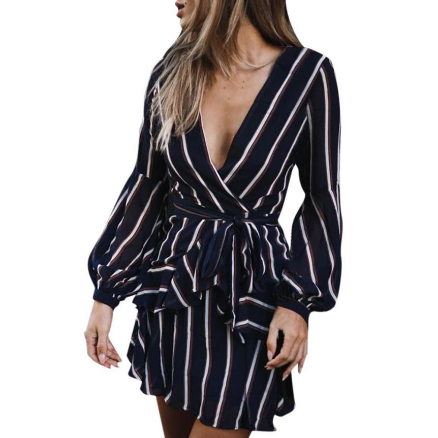 Women's Fashion Lantern Sleeve Casual Striped V-Neck Dress Casual Ruffle Mini Party Dress