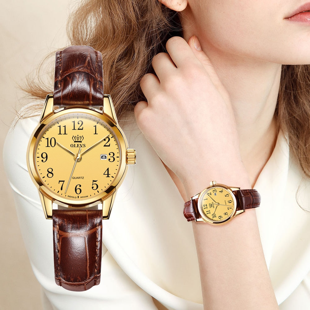 Fashion casual Luxury Dress Genuine Brown Leather Waterproof Wristwatch for Lady