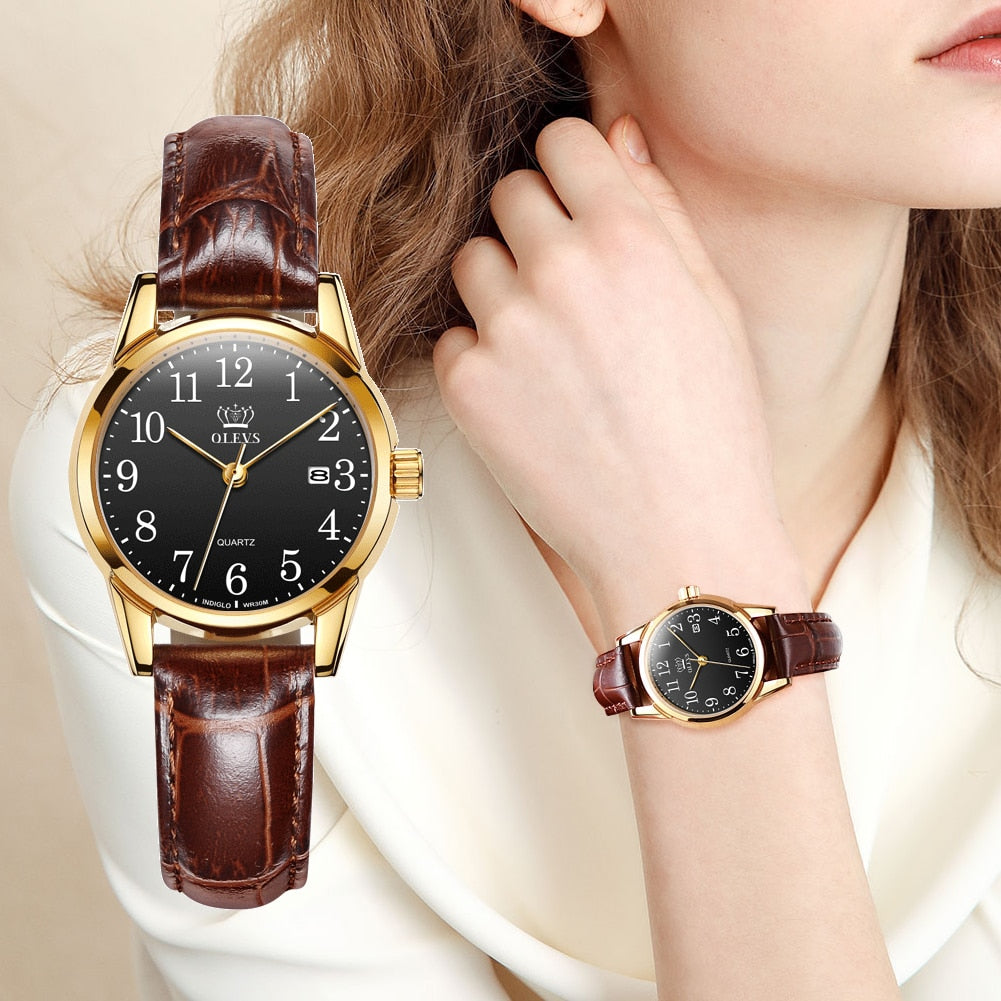 Fashion casual Luxury Dress Genuine Brown Leather Waterproof Wristwatch for Lady