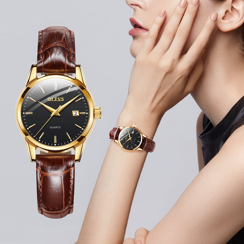Fashion casual Luxury Dress Genuine Brown Leather Waterproof Wristwatch for Lady
