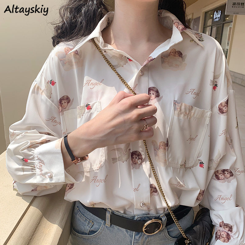 Shirts Women Chiffon Printed Bf Sweet Girls Long Sleeve Blouses Womens Retro Fashion Elegant Temperament Floral Top Hot Chic New