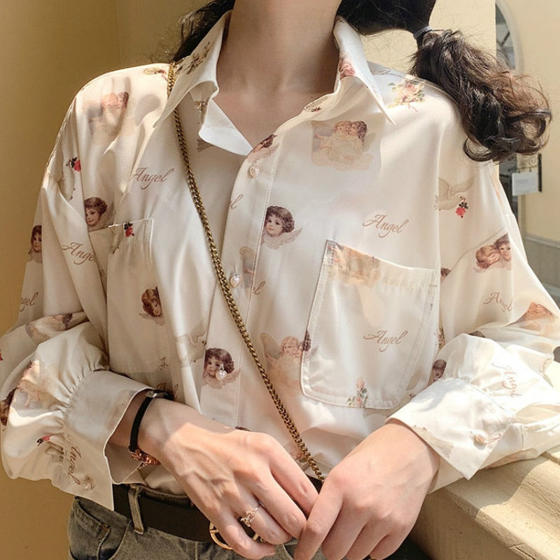Shirts Women Chiffon Printed Bf Sweet Girls Long Sleeve Blouses Womens Retro Fashion Elegant Temperament Floral Top Hot Chic New