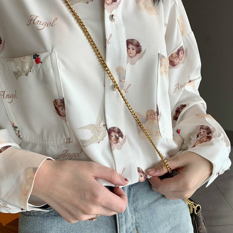 Shirts Women Chiffon Printed Bf Sweet Girls Long Sleeve Blouses Womens Retro Fashion Elegant Temperament Floral Top Hot Chic New