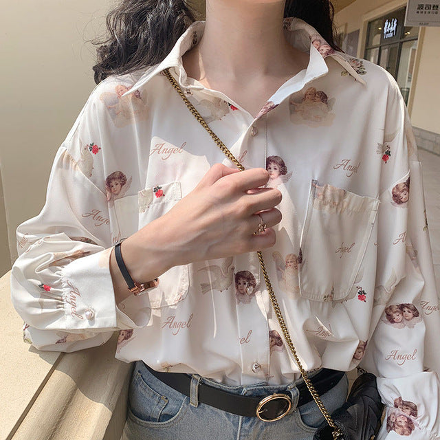 Shirts Women Chiffon Printed Bf Sweet Girls Long Sleeve Blouses Womens Retro Fashion Elegant Temperament Floral Top Hot Chic New