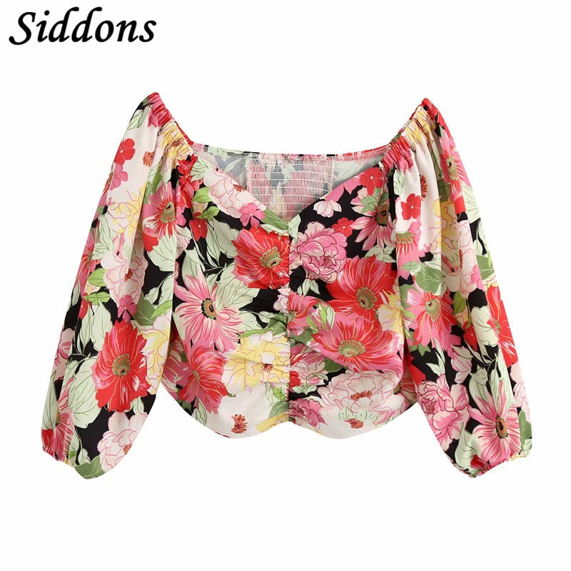 Sweet Floral Print Short Blouses Vintage V Neck Puff Sleeve Elastic Waist Female