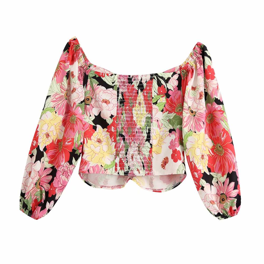 Sweet Floral Print Short Blouses Vintage V Neck Puff Sleeve Elastic Waist Female
