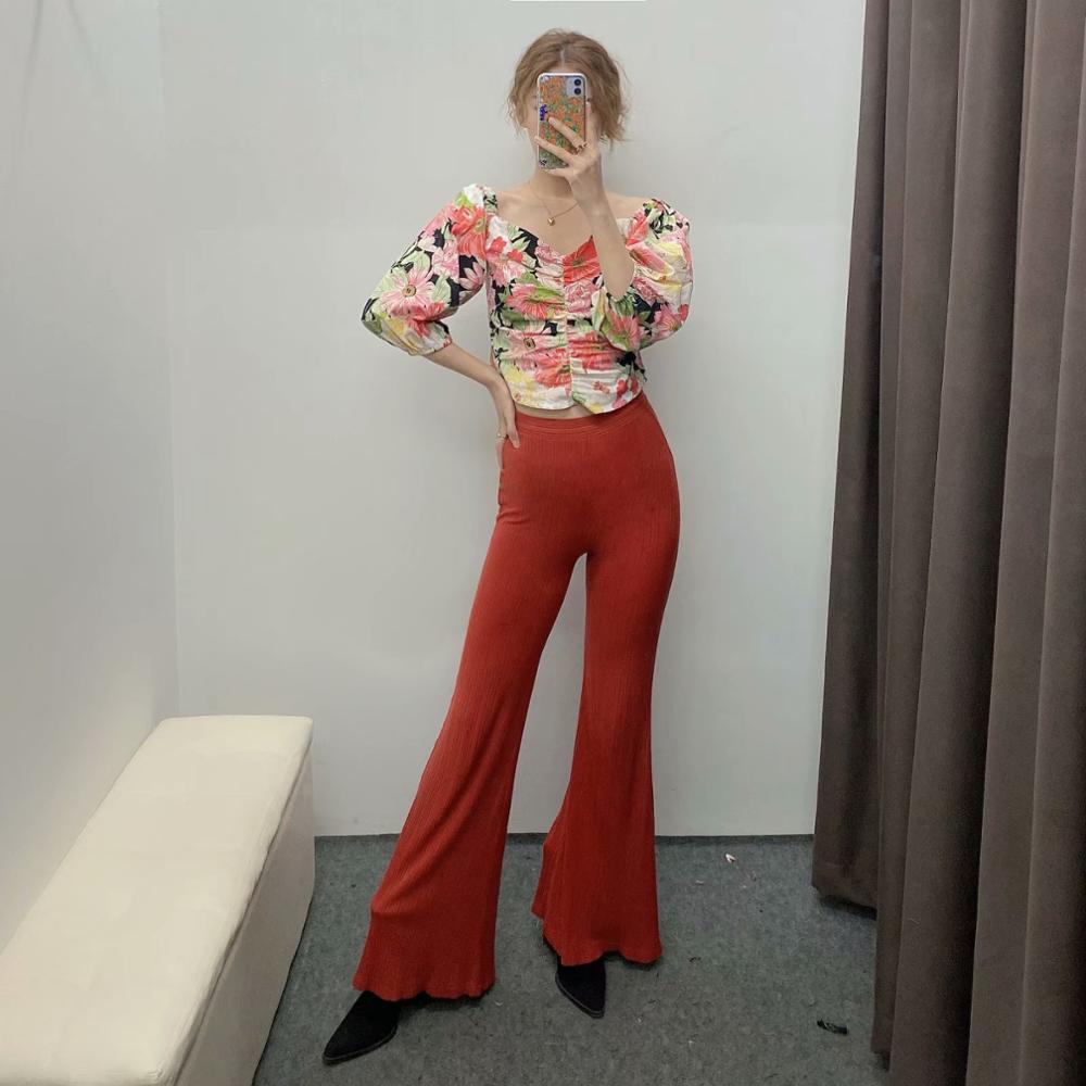 Sweet Floral Print Short Blouses Vintage V Neck Puff Sleeve Elastic Waist Female