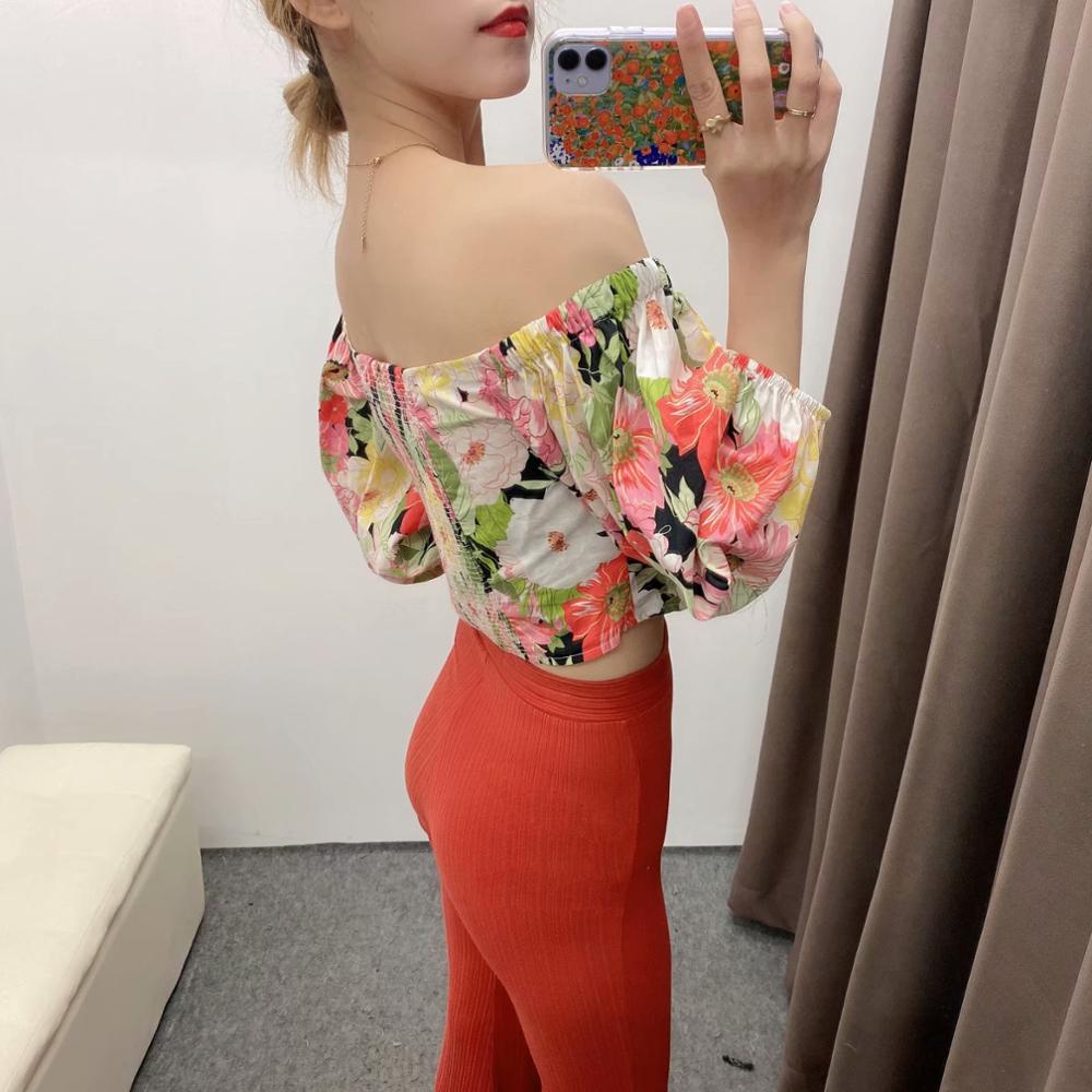 Sweet Floral Print Short Blouses Vintage V Neck Puff Sleeve Elastic Waist Female