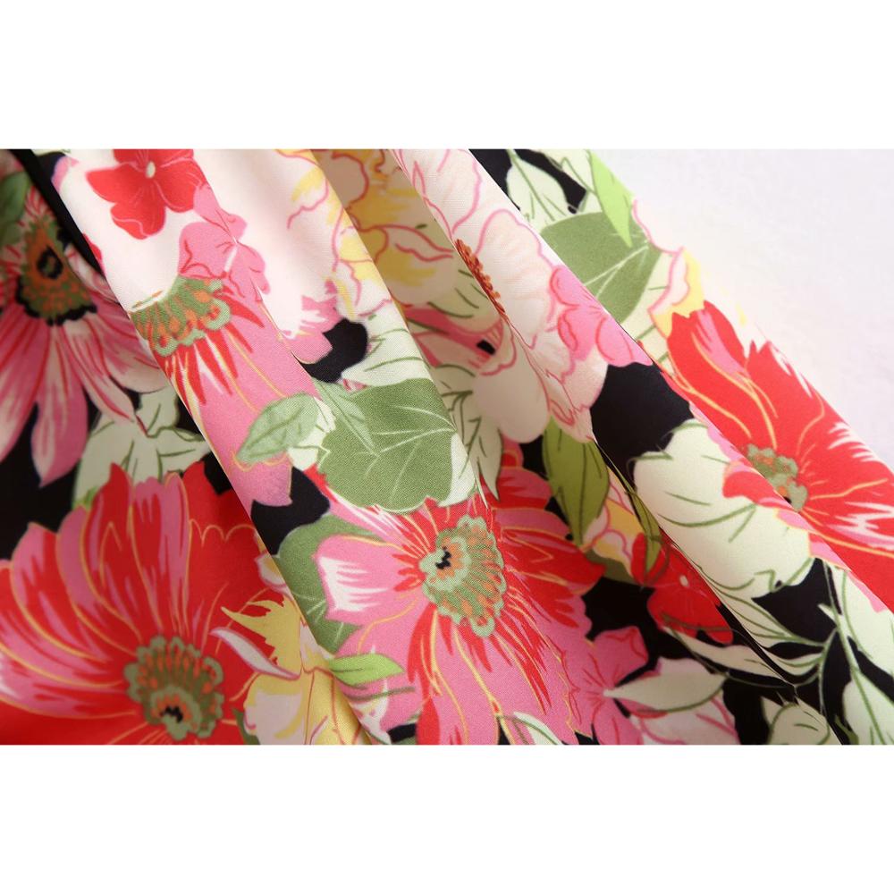 Sweet Floral Print Short Blouses Vintage V Neck Puff Sleeve Elastic Waist Female